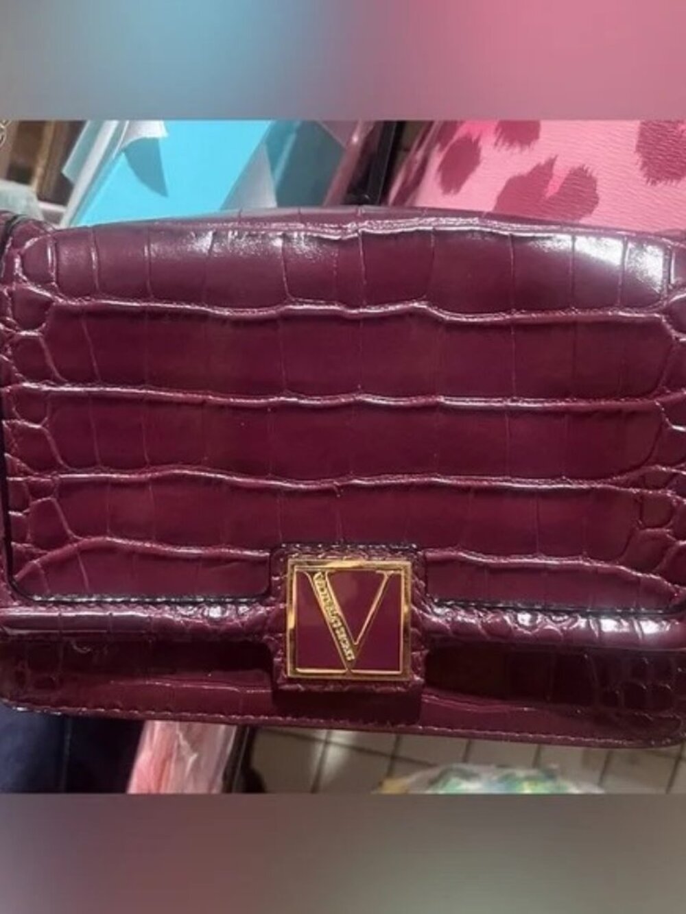 Victoria's Secret Croc-Embossed Crossbody Bag in Deep Burgundy